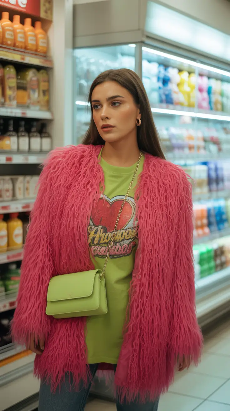 cute winter outfits 2025-2026 Neon Grunge Meets Grocery Chic