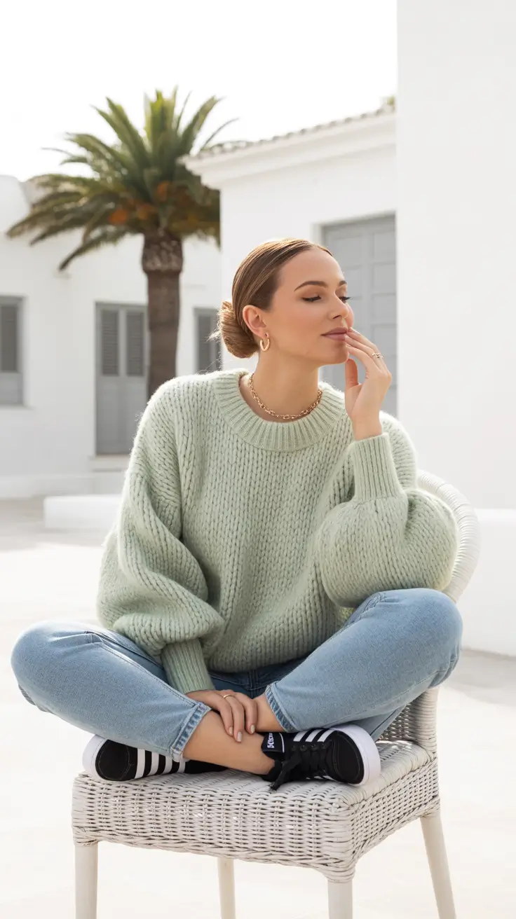cute winter outfits 2025-2026 Minty Knit Minimalism for Chill Days