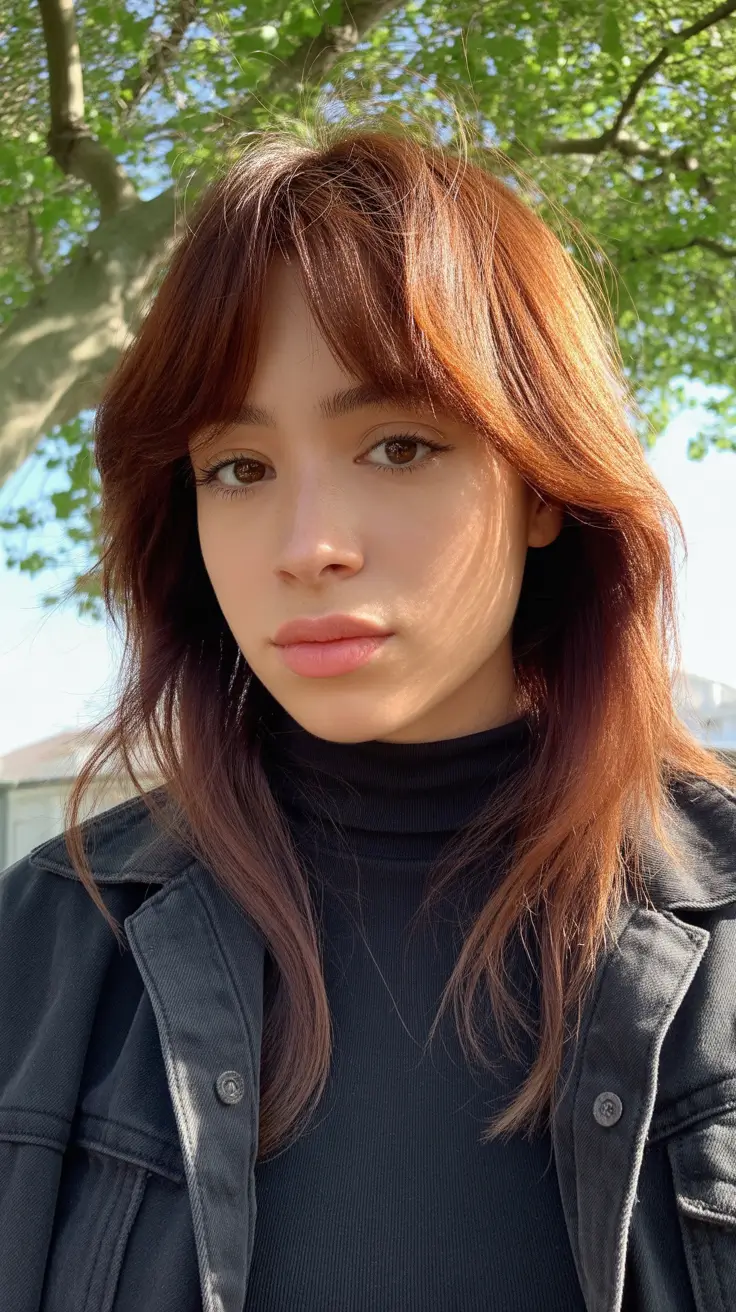 deep winter hair colors 2025-2026 Layered Cut in Soft Copper