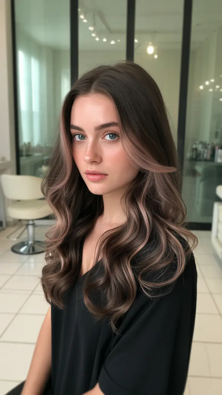 deep winter hair colors 2025-2026 Soft Brunette Waves with Luminous Highlights
