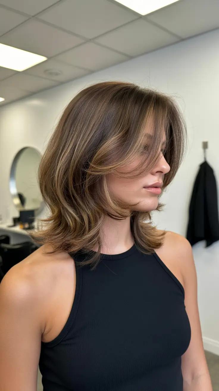 deep winter hair colors 2025-2026 Textured Layers with Caramel Highlights