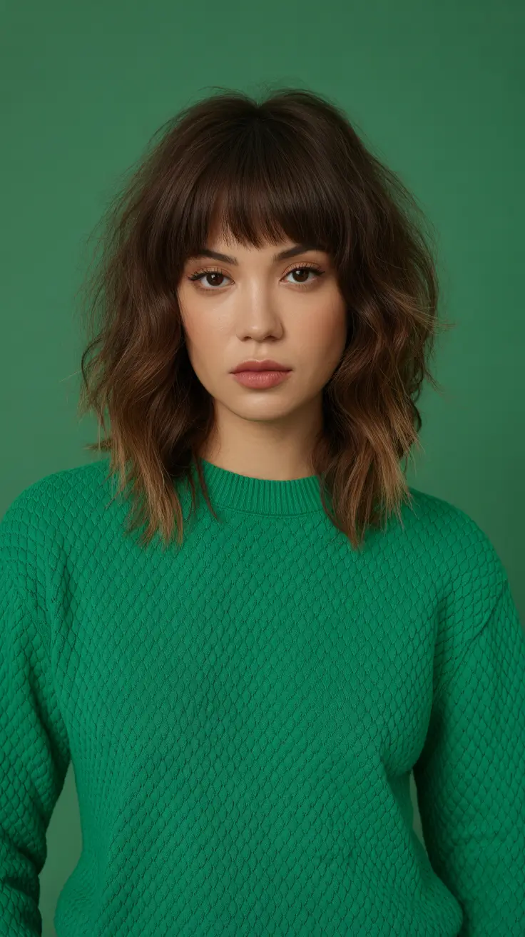 deep winter hair colors 2025-2026 Textured Brown Lob with Fringe