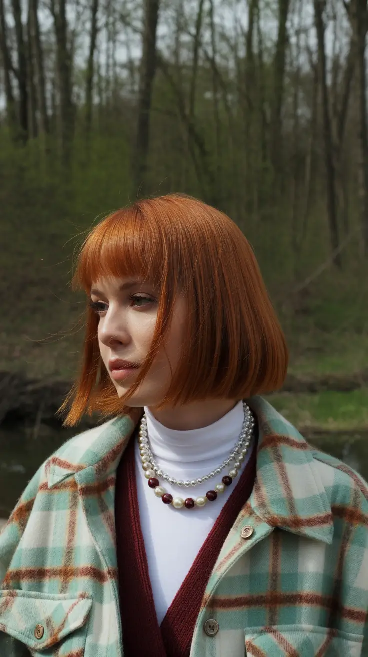 deep winter hair colors 2025-2026 Sharp Copper Bob with Bangs