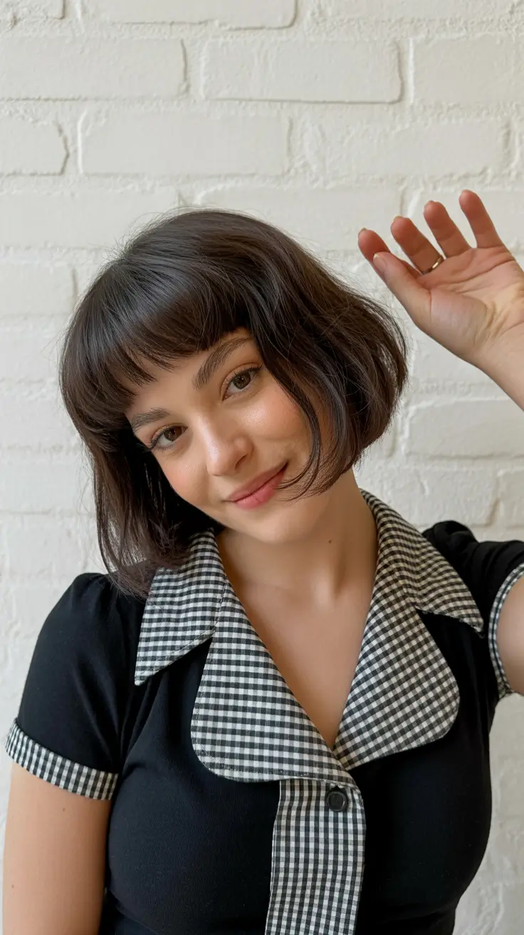 deep winter hair colors 2025-2026 Playful Short Bob with Baby Bangs