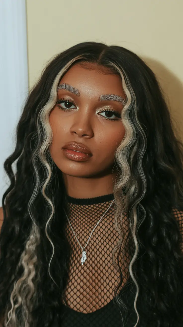 deep winter hair colors 2025-2026 Dark Waves with Statement Blonde Streaks
