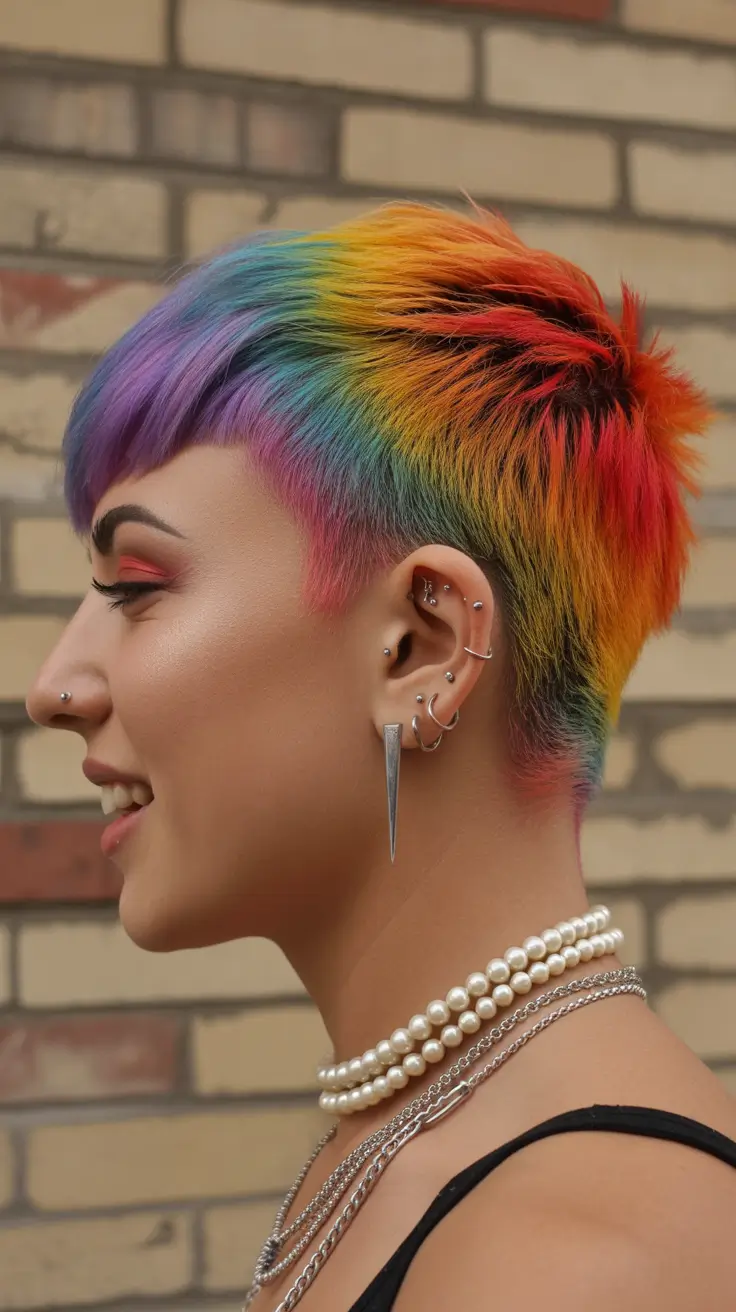 deep winter hair colors 2025-2026 Rainbow Pixie Cut