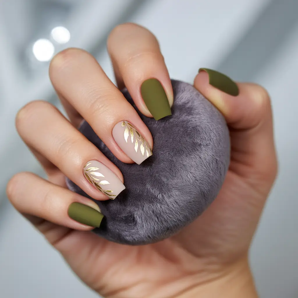 easy fall nails 2025 Olive Matte with Golden Accents