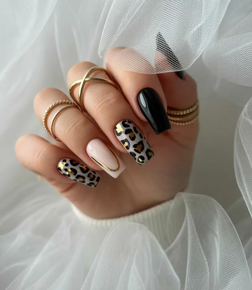 easy fall nails 2025 Leopard Glam with Glossy Accents
