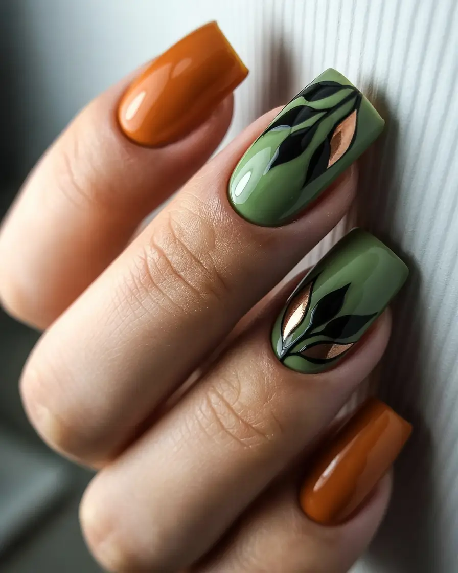 easy fall nails 2025 Earthy Tones with Leaf Accents