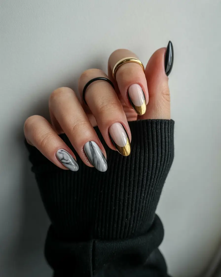 easy fall nails 2025 Marble and Gold Elegance