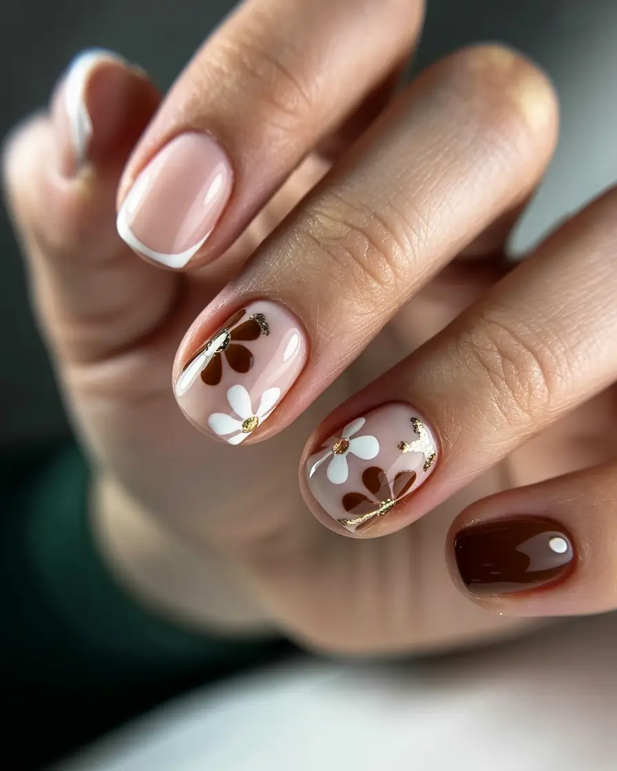easy fall nails 2025 Soft Florals with Brown Accents