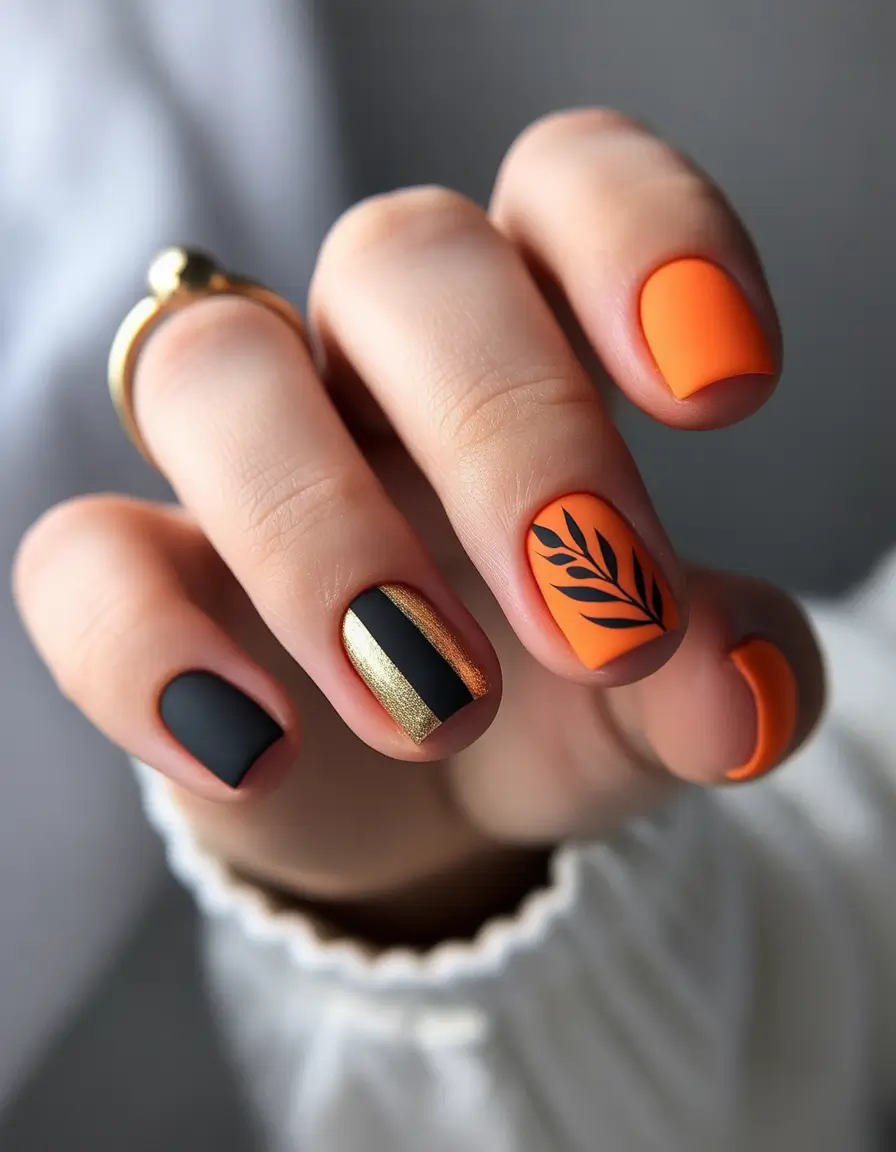 easy fall nails 2025 Bold Orange with Matte Black