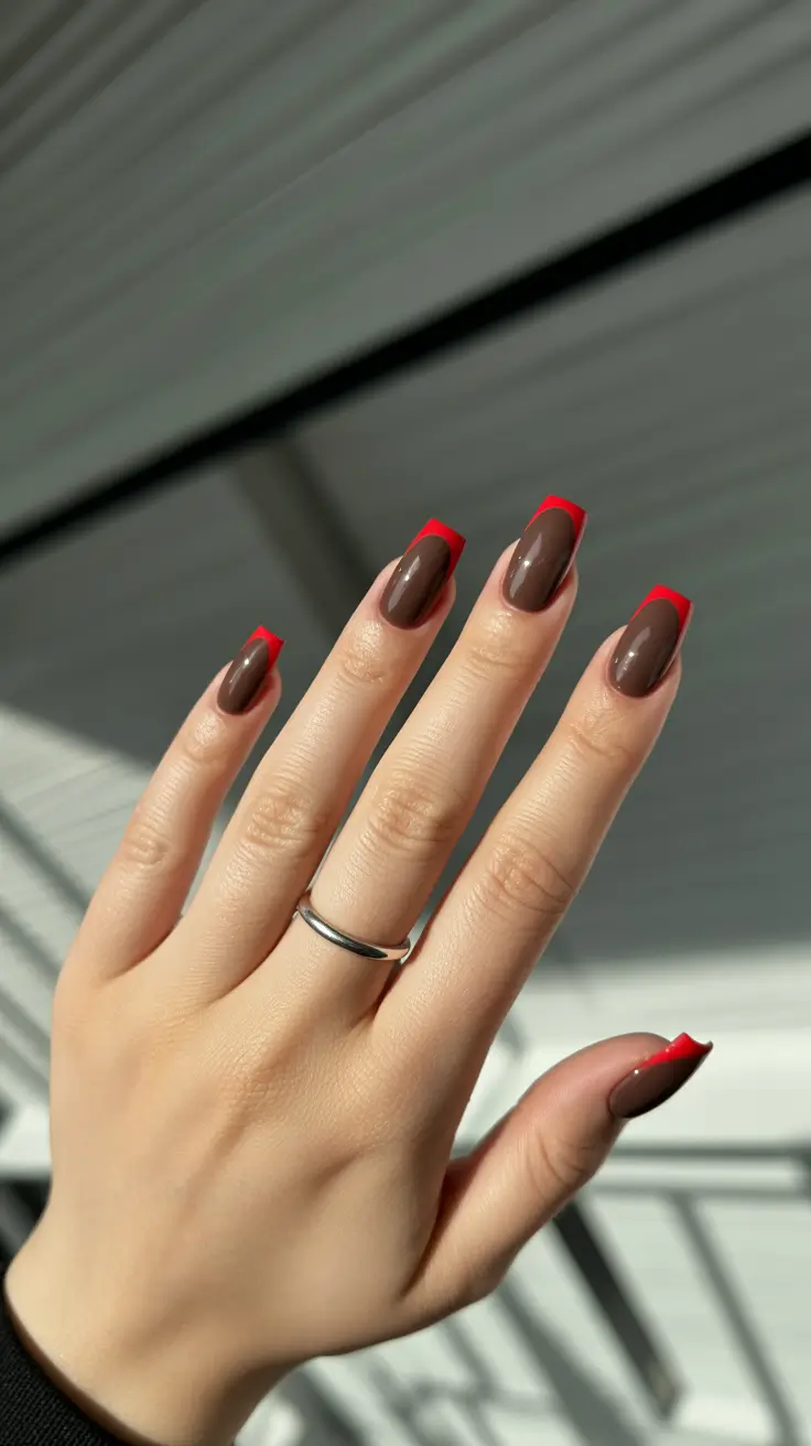easy fall nails 2025 Chocolate French with a Fiery Twist