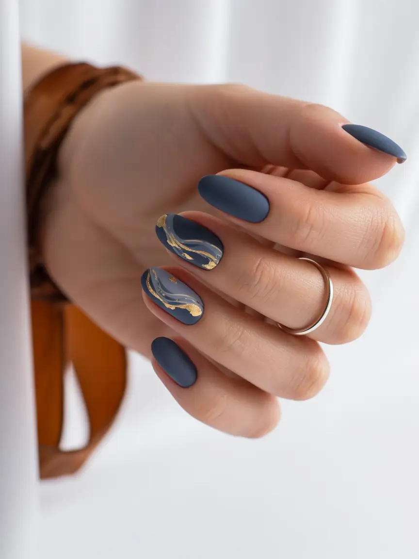 easy fall nails 2025 Deep Navy with Golden Swirls
