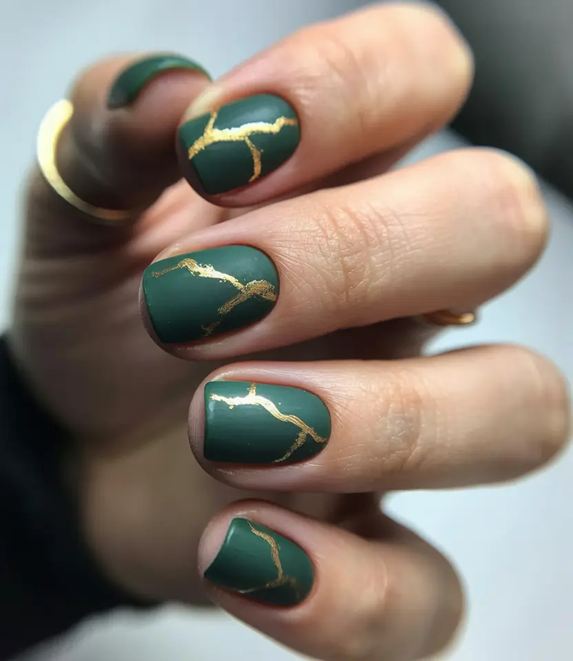 easy fall nails 2025 Deep Green with Golden Veins