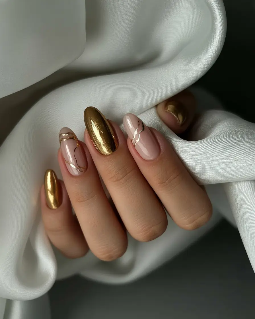 easy fall nails 2025 Golden Elegance on Almond Nails