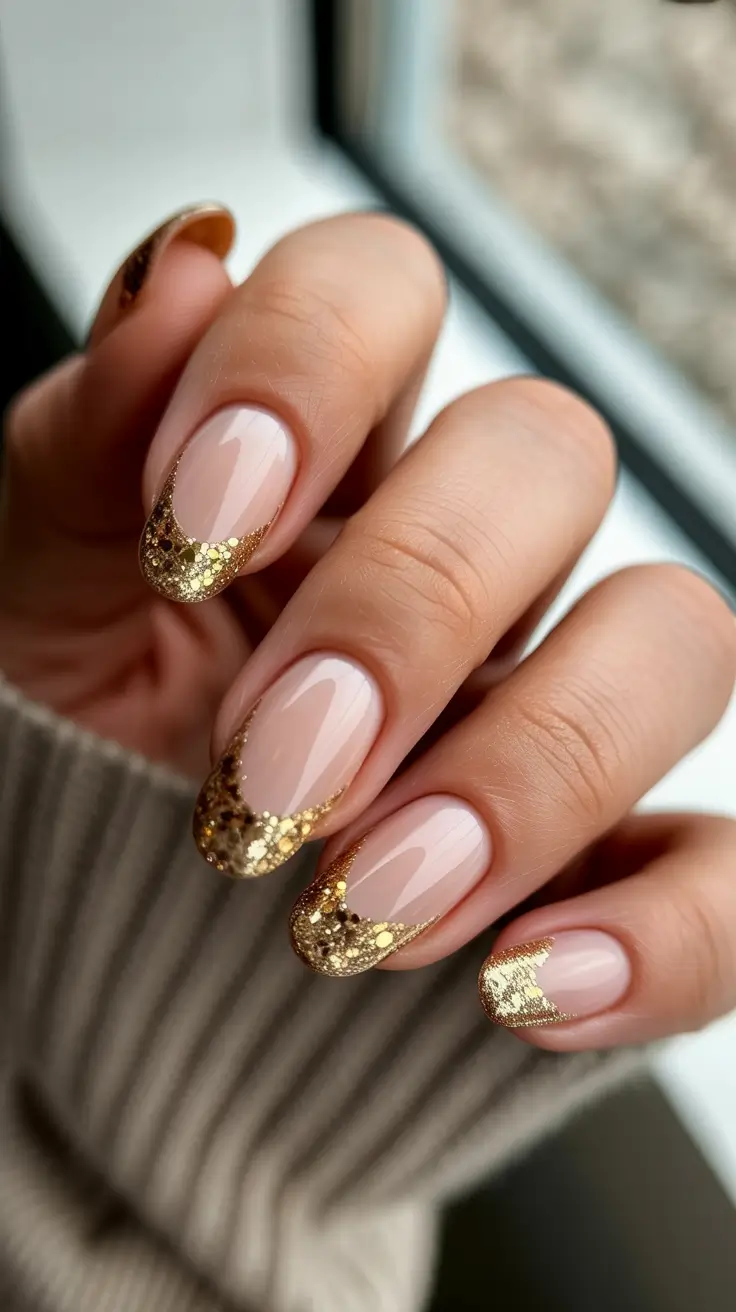 easy fall nails 2025 Golden Glitter French Tips