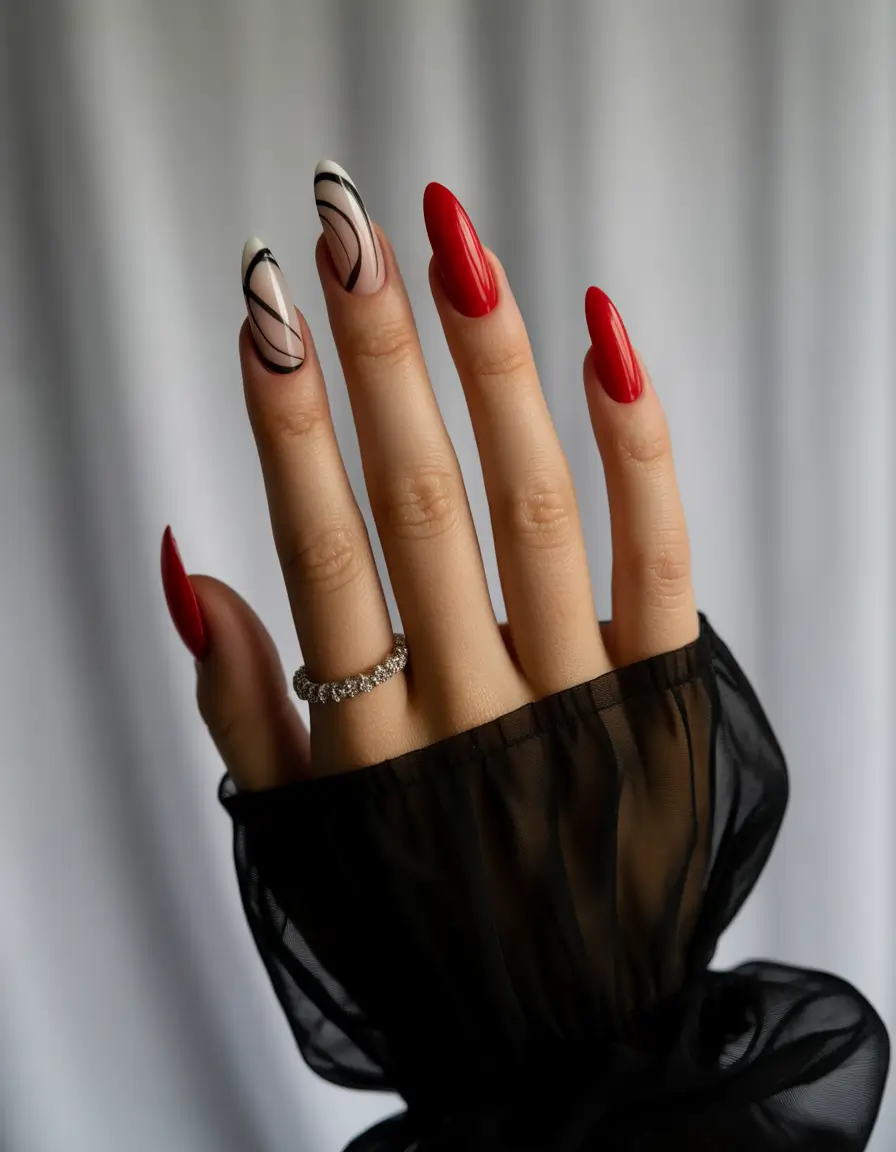 easy fall nails 2025 Classic Red with Graphic Lines