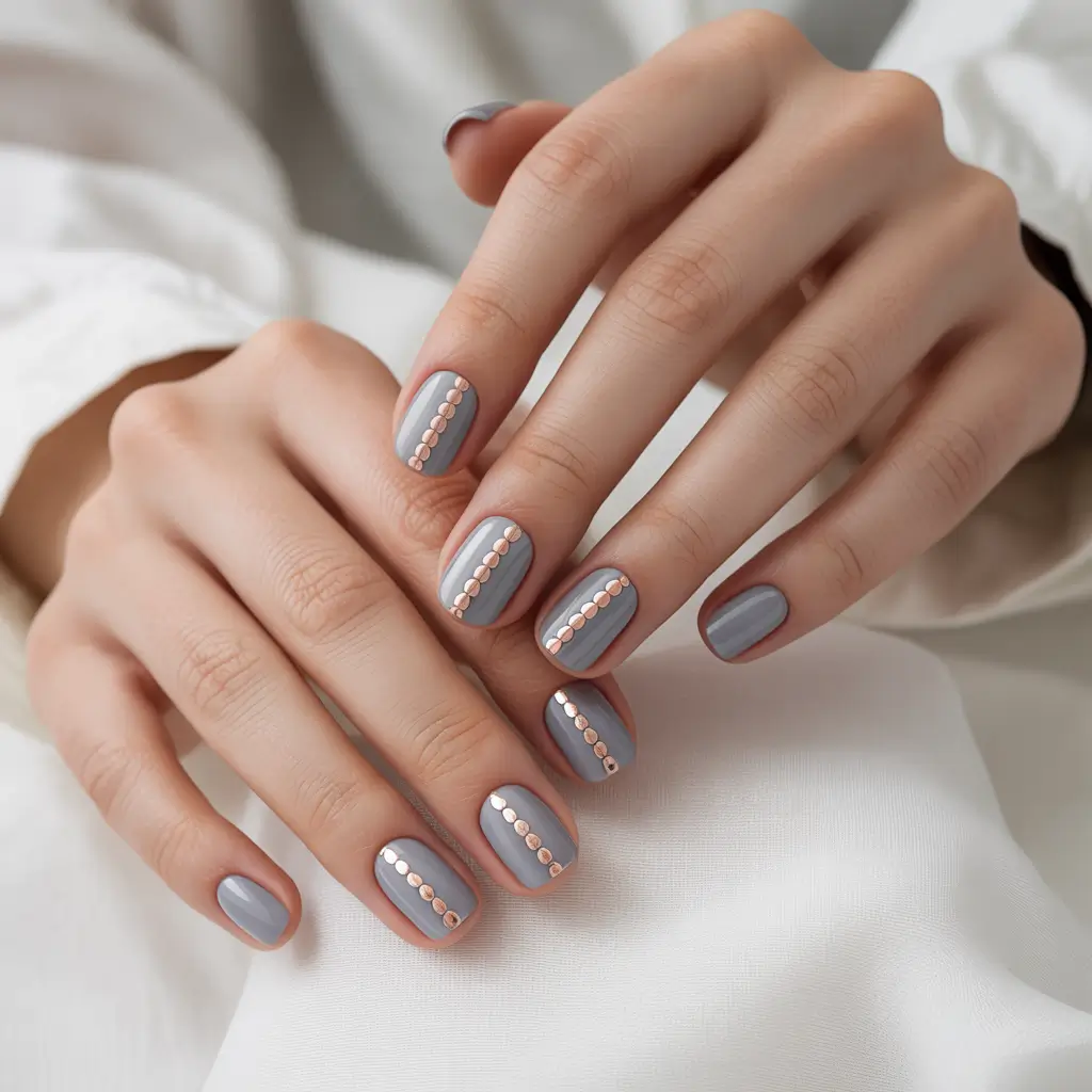 easy fall nails 2025 Minimalist Grey with Metallic Studs