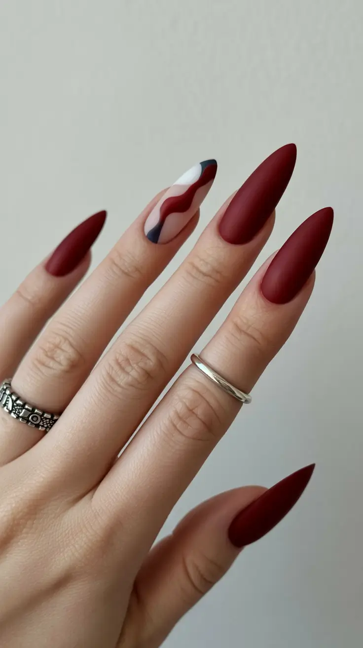 easy fall nails 2025 Velvety Burgundy with Abstract Accent