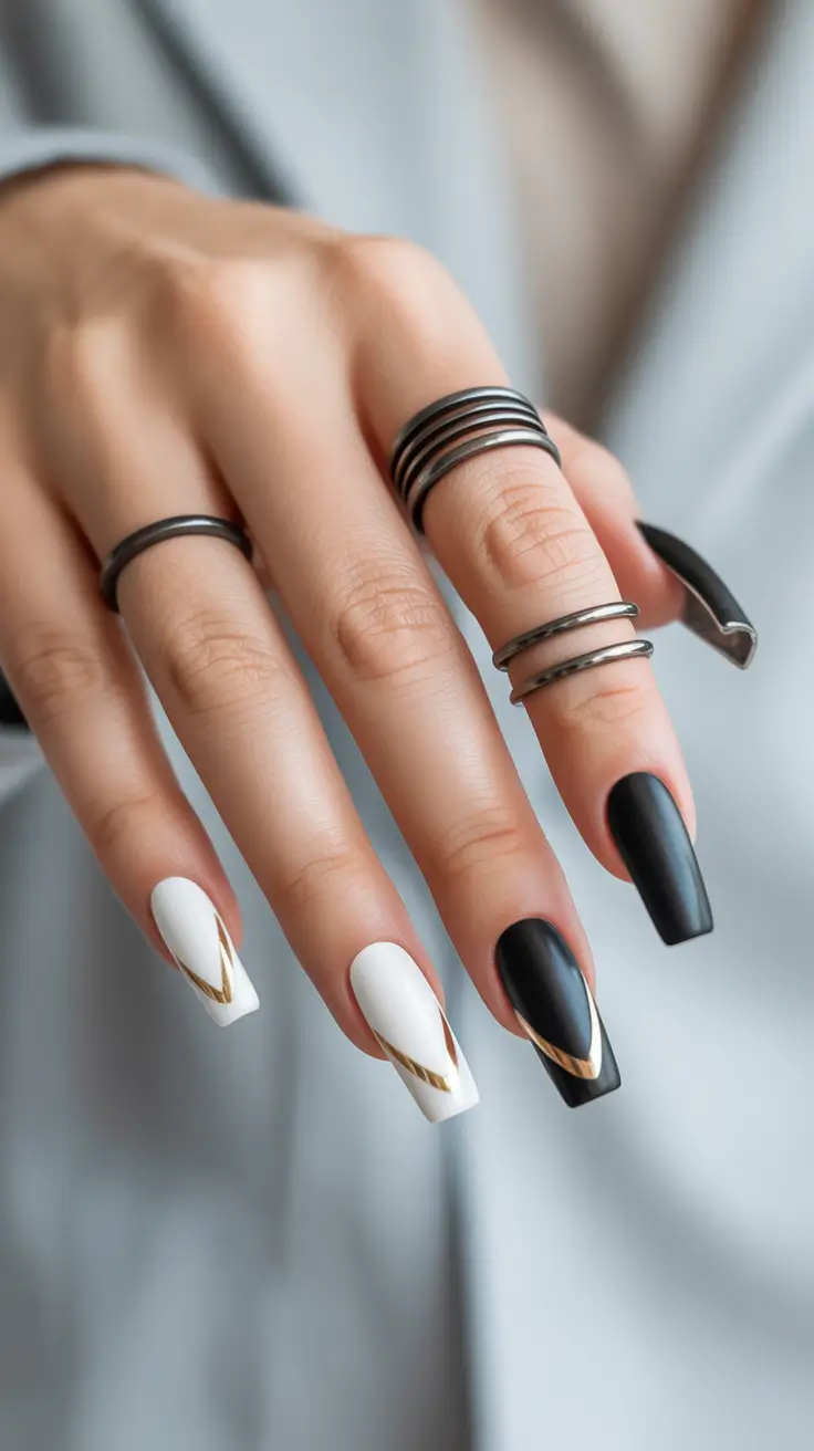 easy fall nails 2025 Black and White with Gold Geometry
