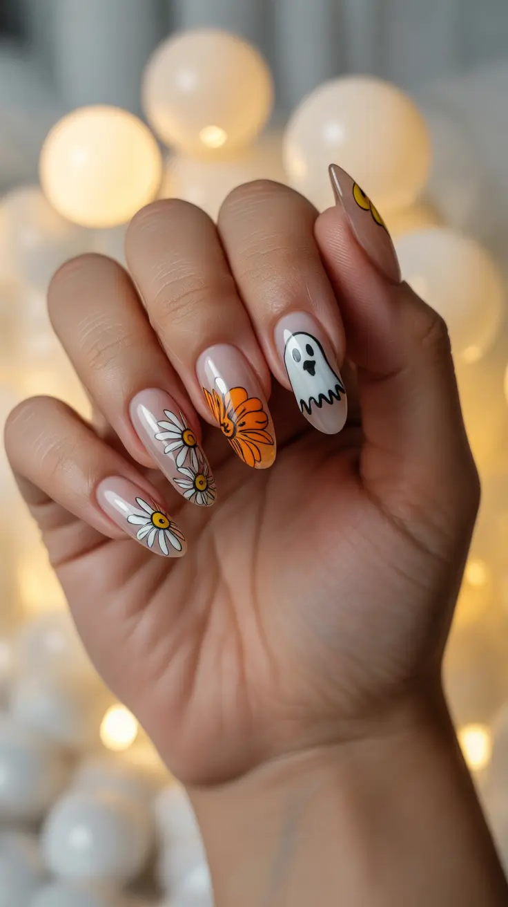 Playful Halloween Florals on fall nails