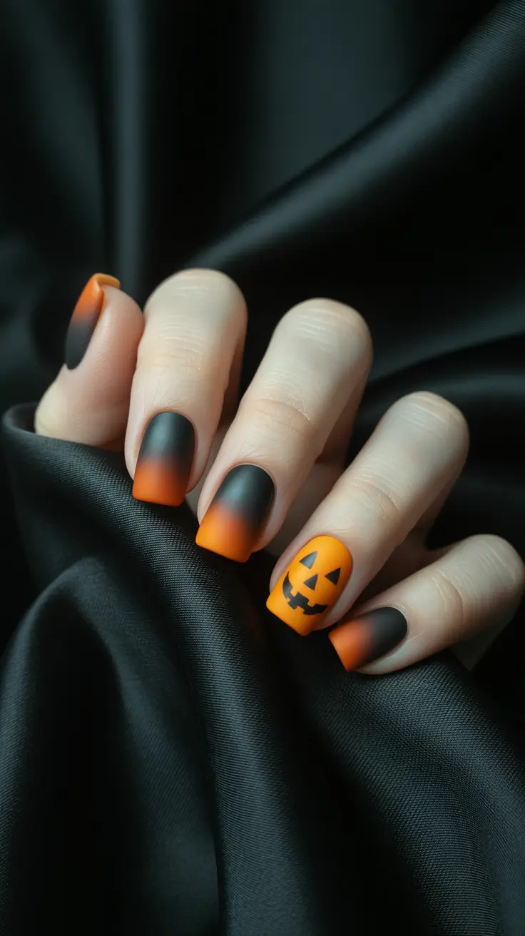 fall colors for nails 2025 Halloween Ombre with Pumpkin Face