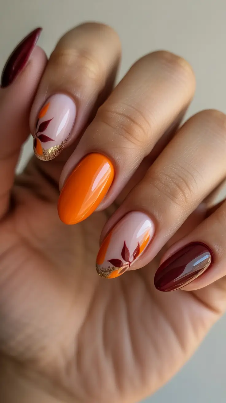 fall colors for nails 2025 Autumn Orange and Burgundy Leaves
