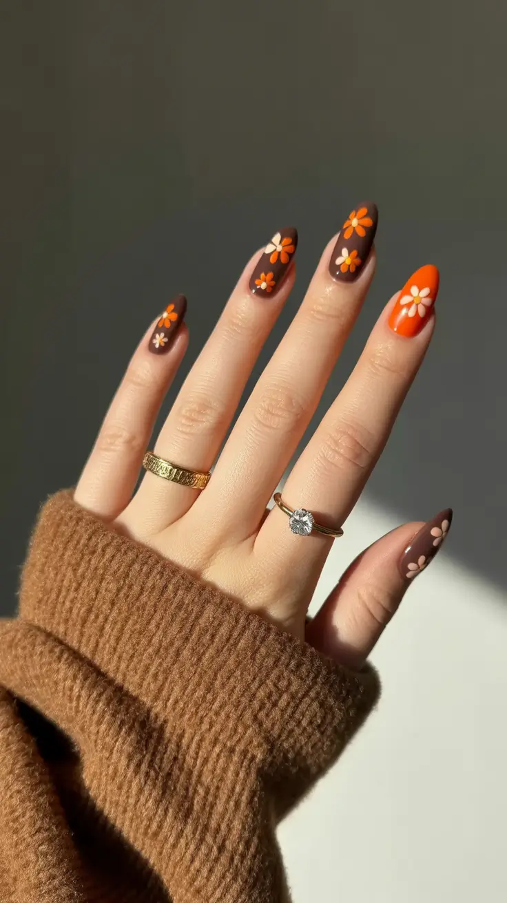 fall colors for nails 2025 Retro Florals in Autumn Shades