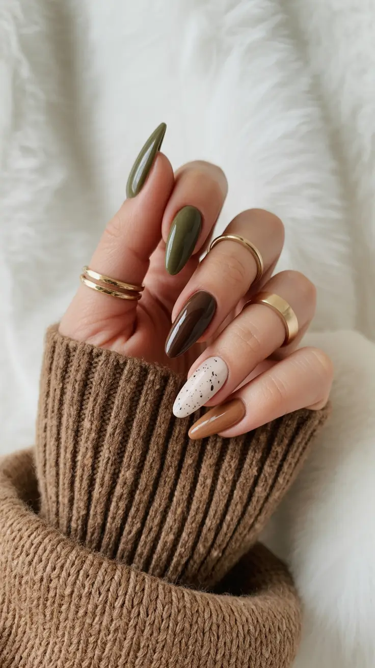 fall colors for nails 2025 Earthy Tones With a Speckled Accent