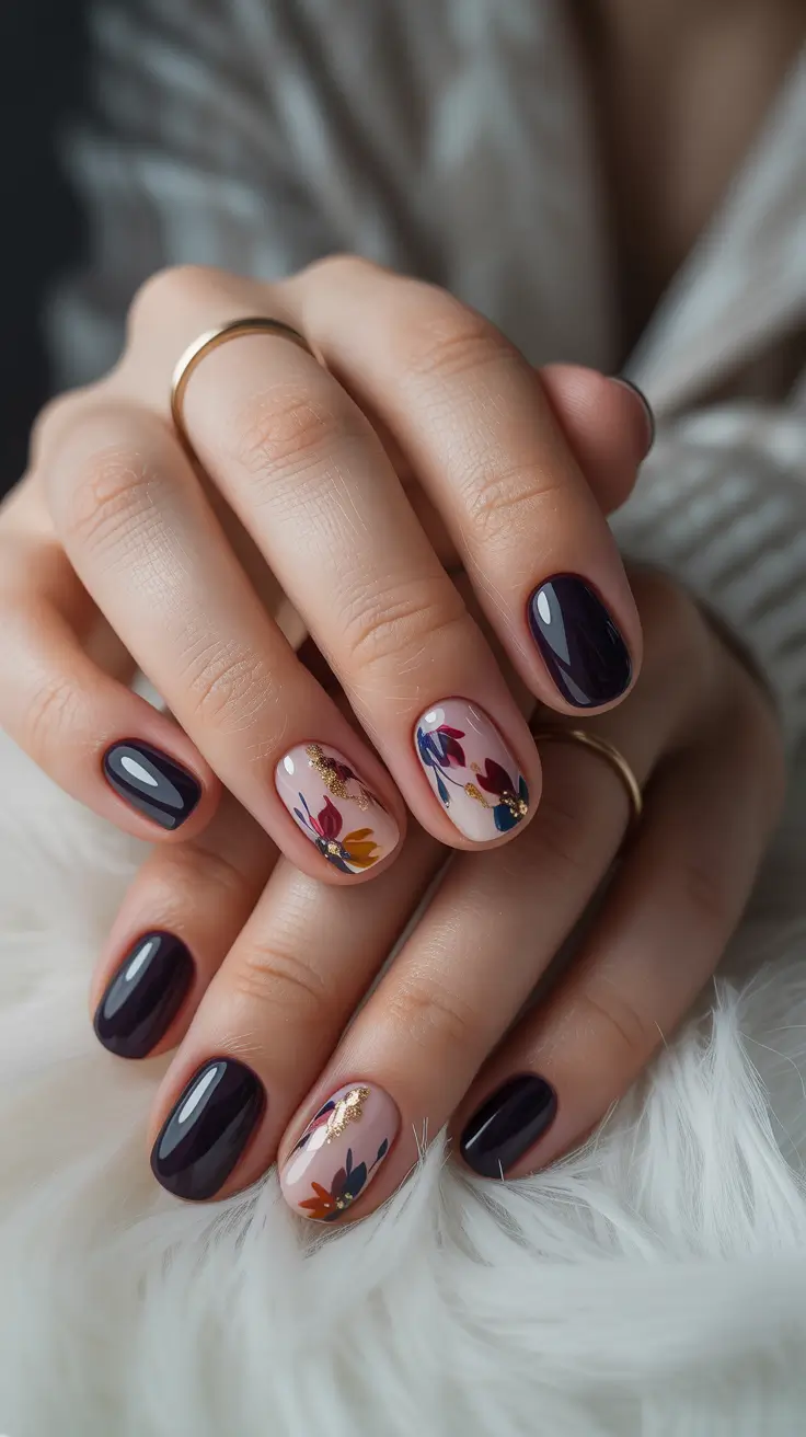 fall colors for nails 2025 Dark Florals With a Jewel Touch