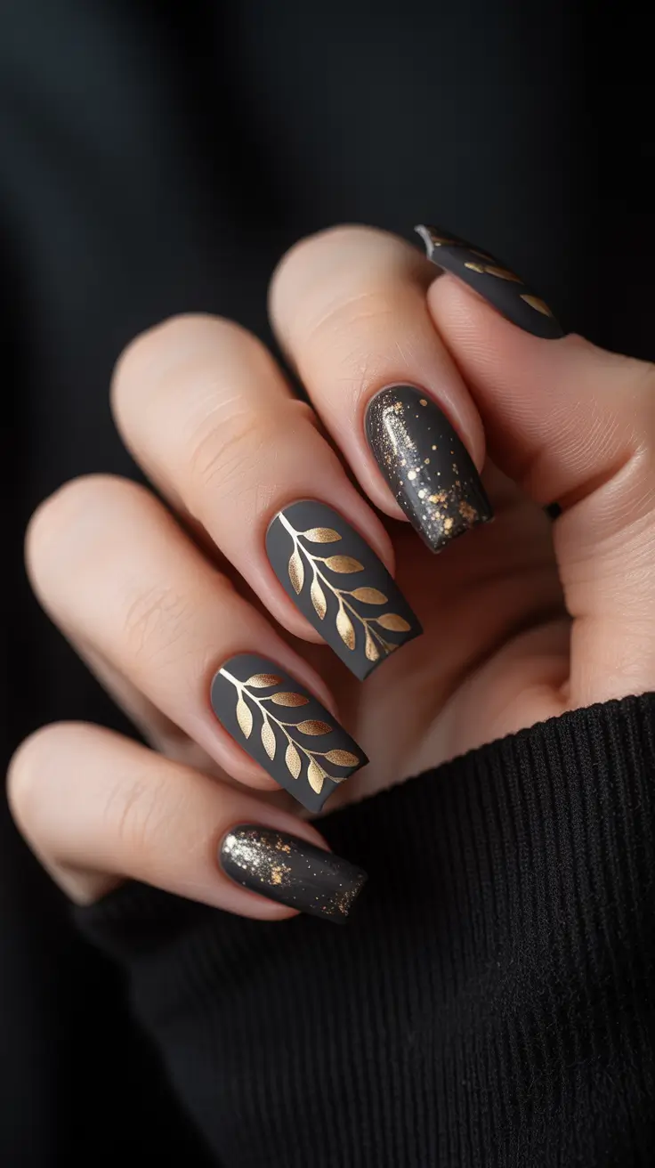 fall colors for nails 2025 Matte Charcoal With Golden Leaves