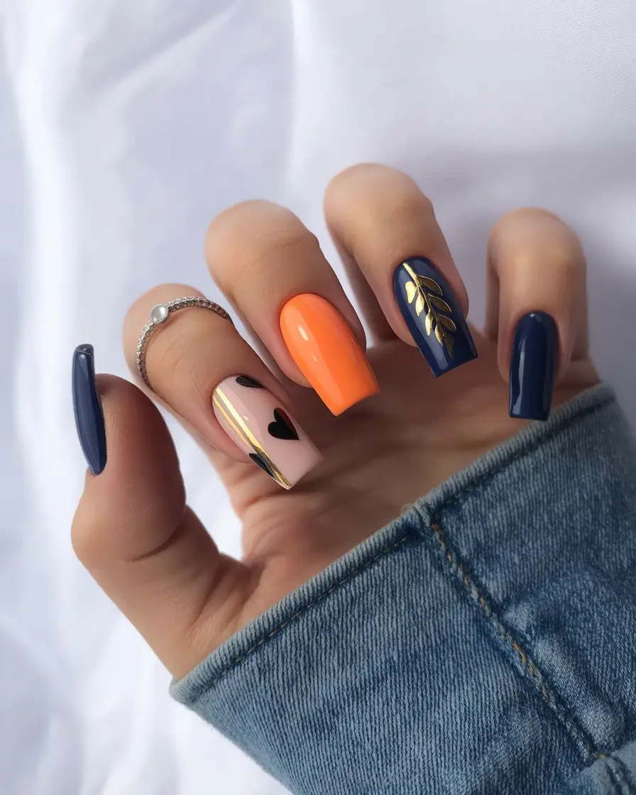 Fall Colors for Nails 2025 Playful Contrast with Orange and Navy