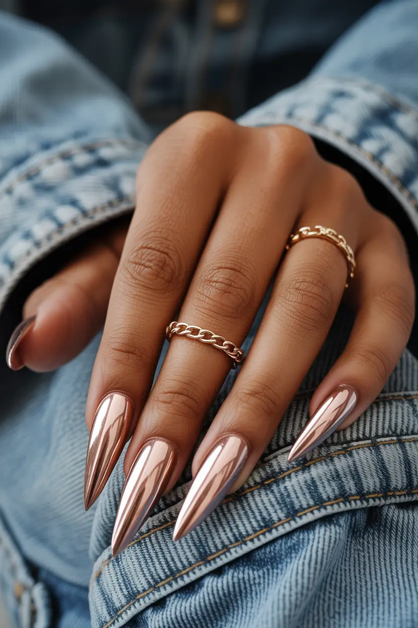 fall colors for nails 2025 Chrome Almond Elegance