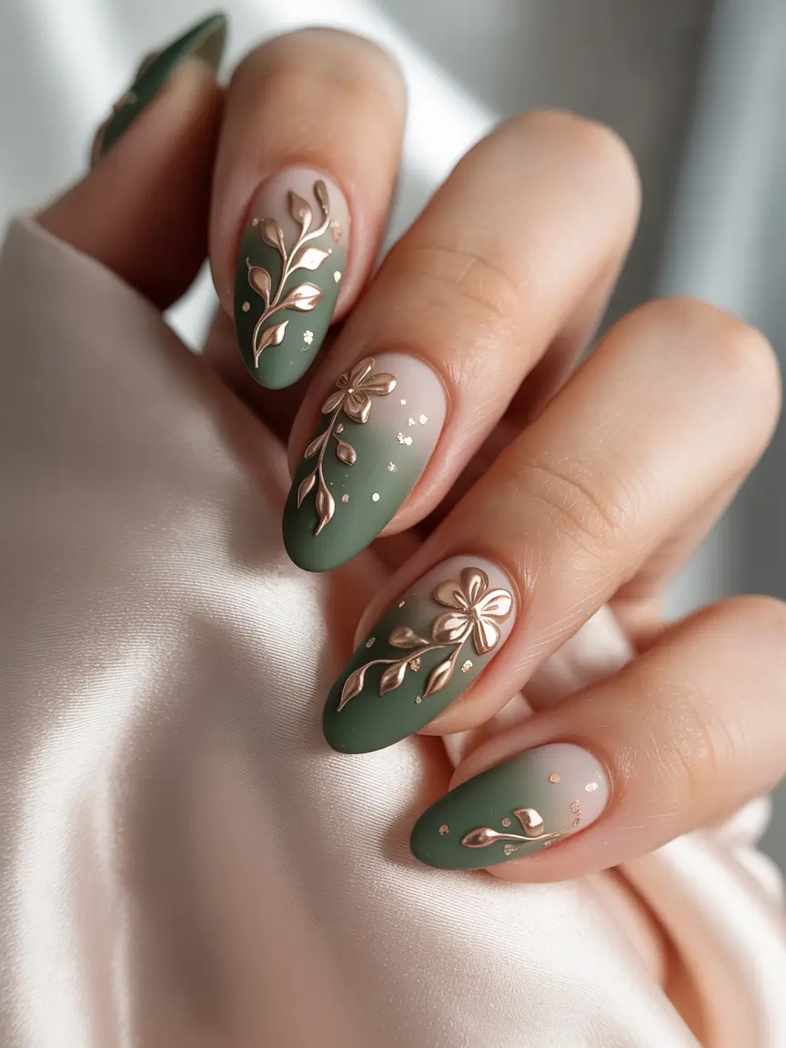 fall colors for nails 2025 Matte Green with Golden Florals