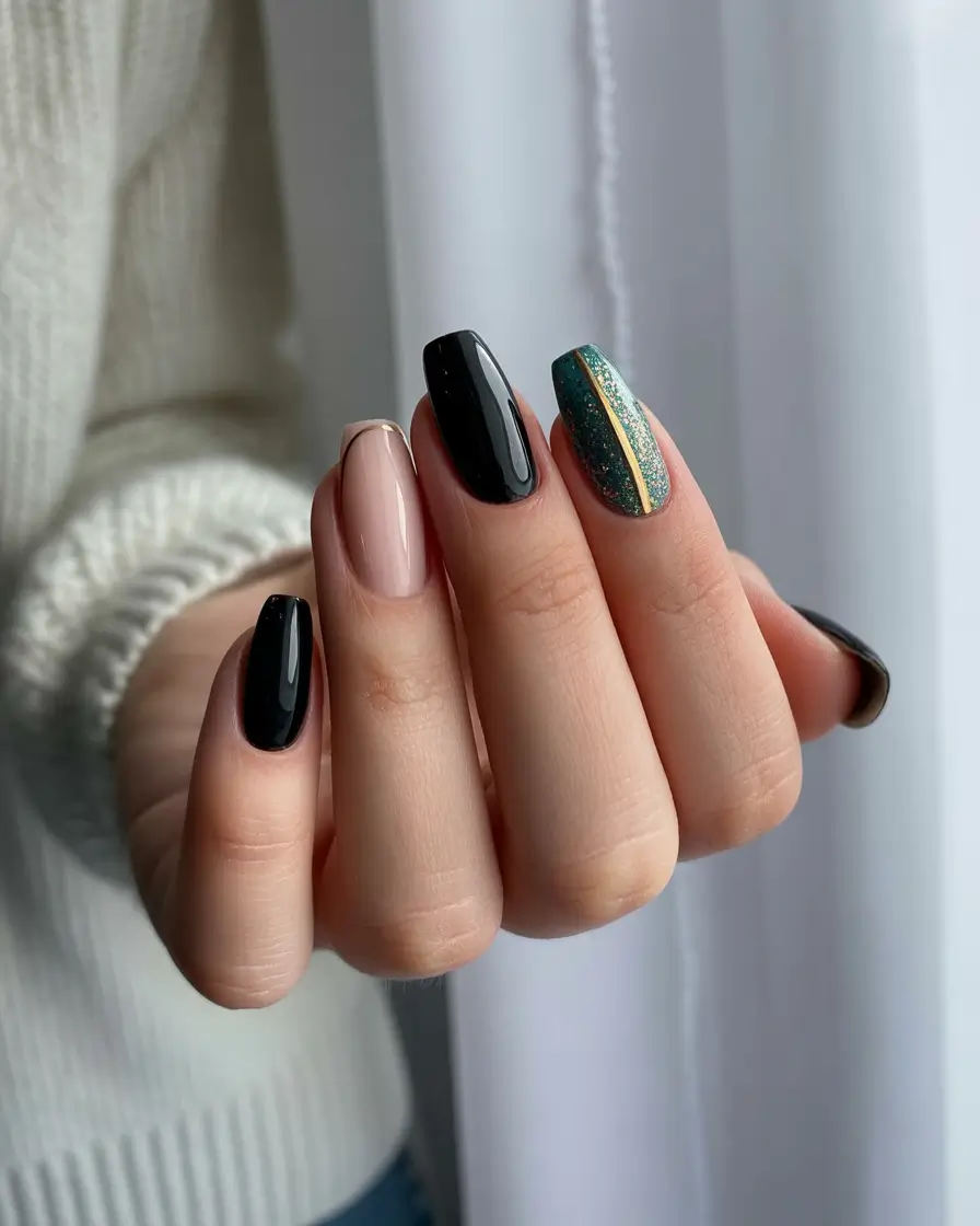 fall colors for nails 2025 Minimalist Black and Teal Accent