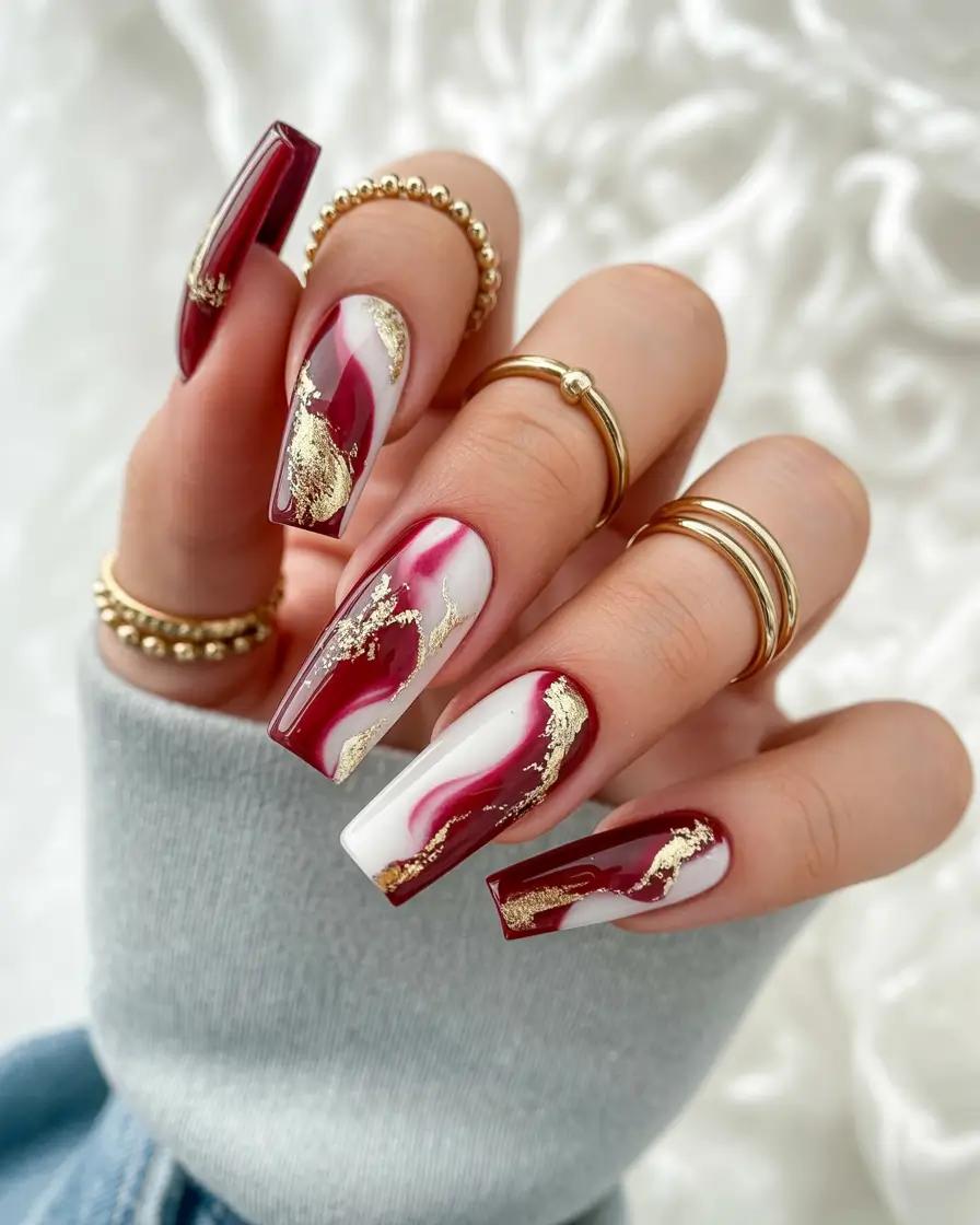 fall colors for nails 2025 Wine Red Marble with Gold Veins