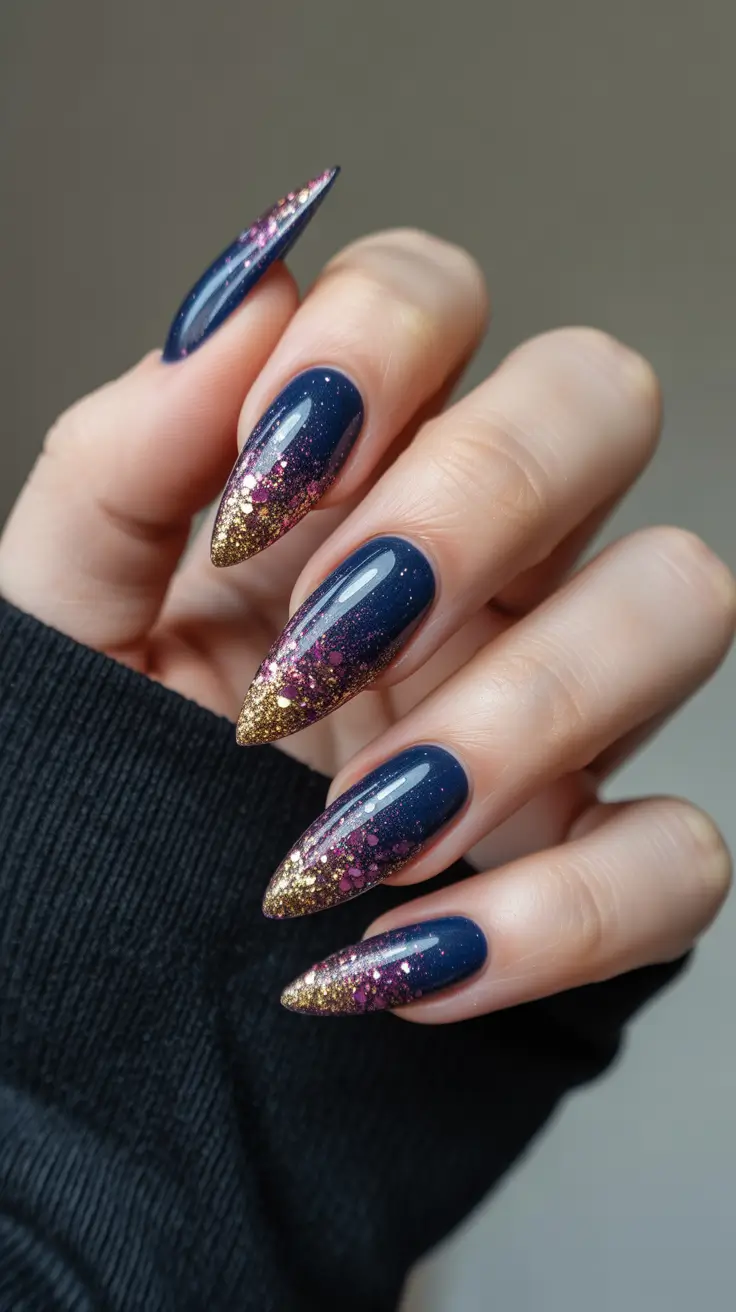 Fall glitter nails 2025 Golden Hour Glam on Midnight Tips