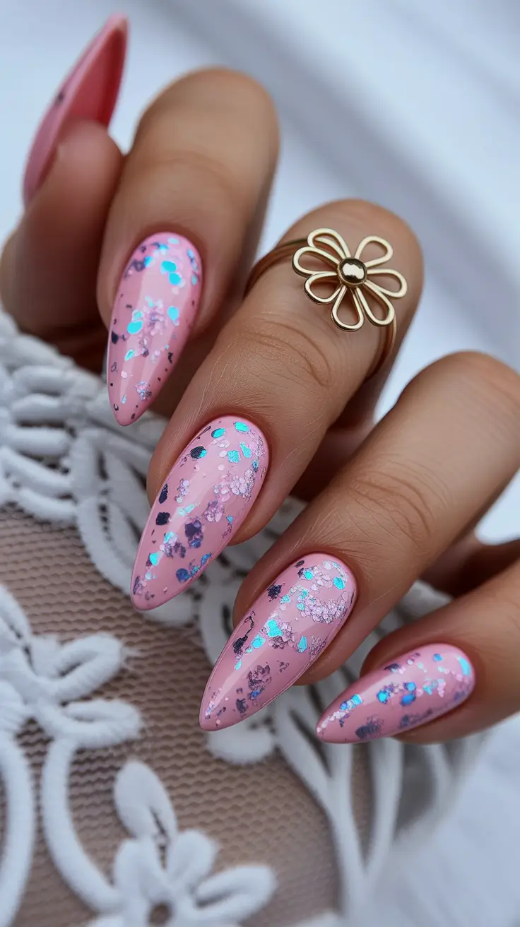 Fall glitter nails 2025 Ballet Blush with Aqua Sparkle