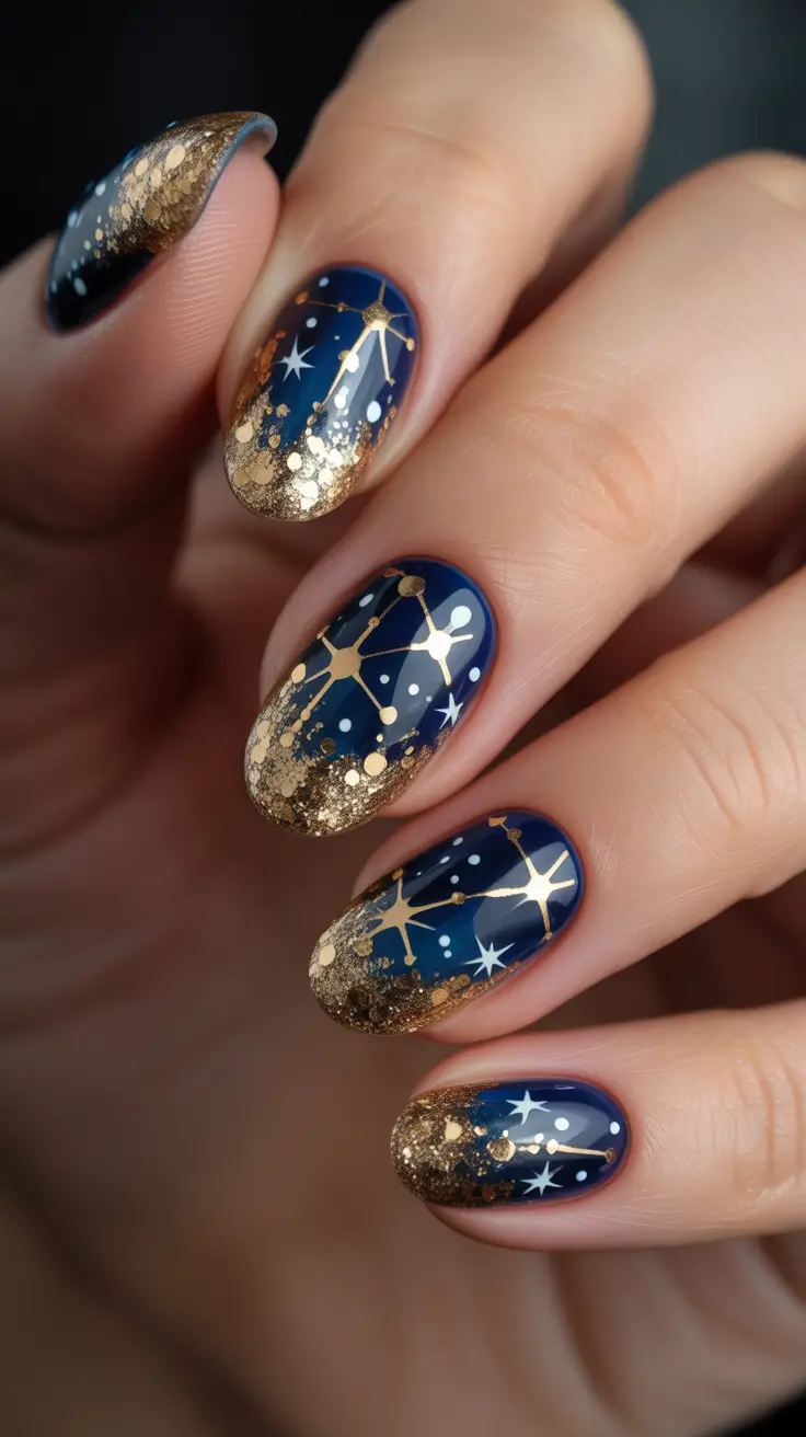 Fall glitter nails 2025 Stargazer’s Gold on Midnight Blue