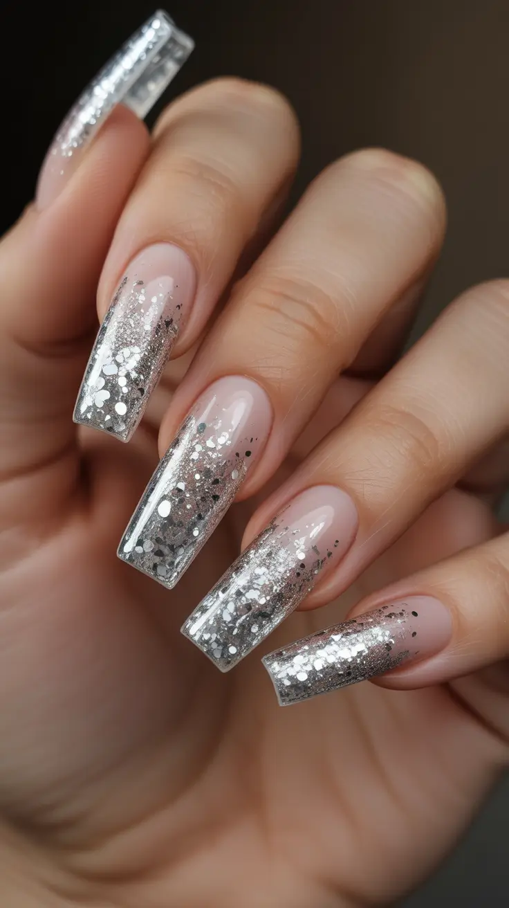 Fall glitter nails 2025 Silver Glitter Fade with a Sculpted Square Shape