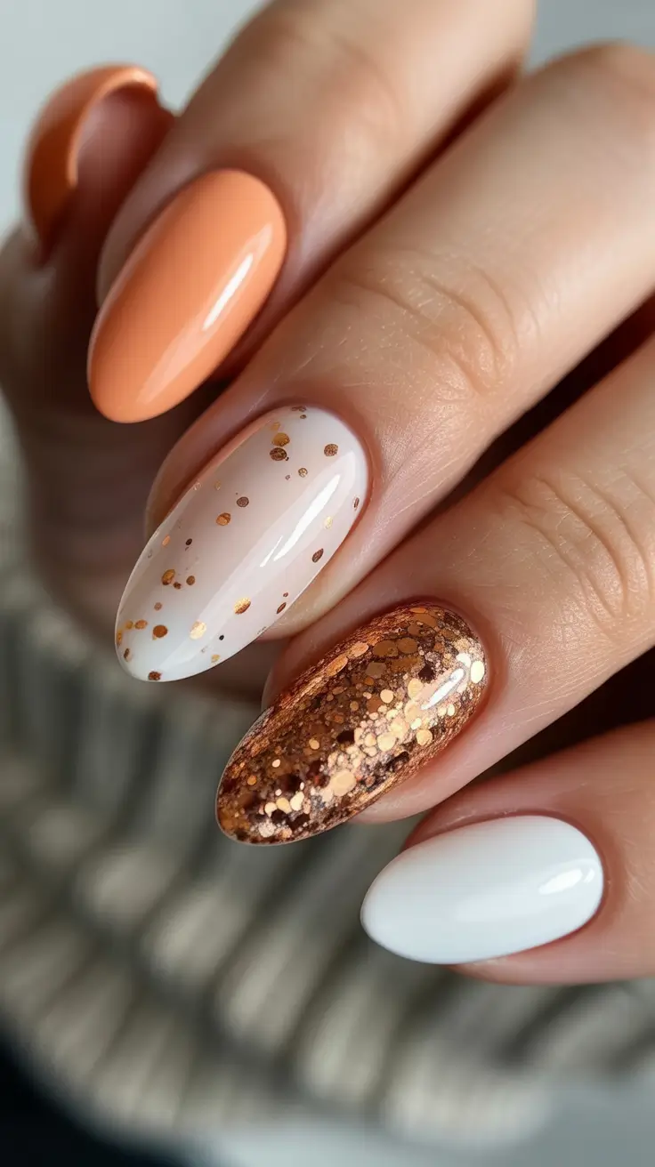 Fall glitter nails 2025 Copper and Creamy Autumn Dots on Almond Nails