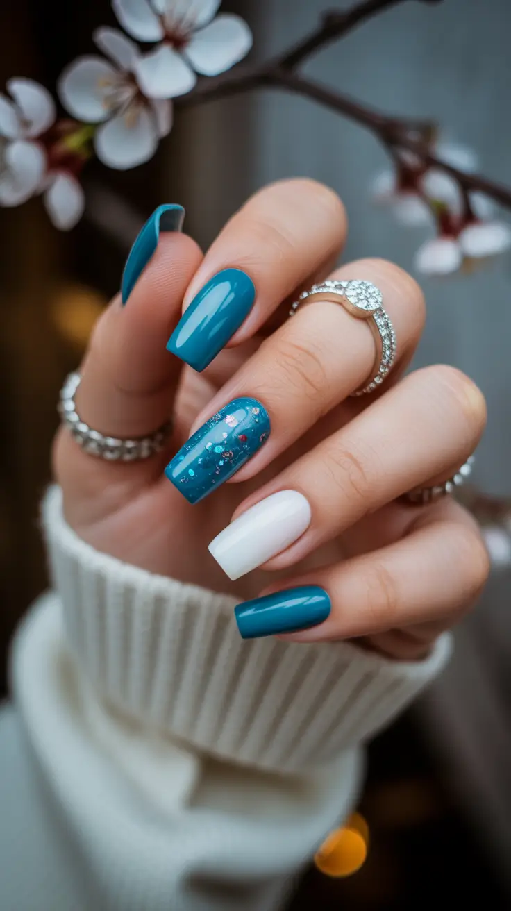 Fall glitter nails 2025 Deep Teal with Sparkle and Soft Contrast