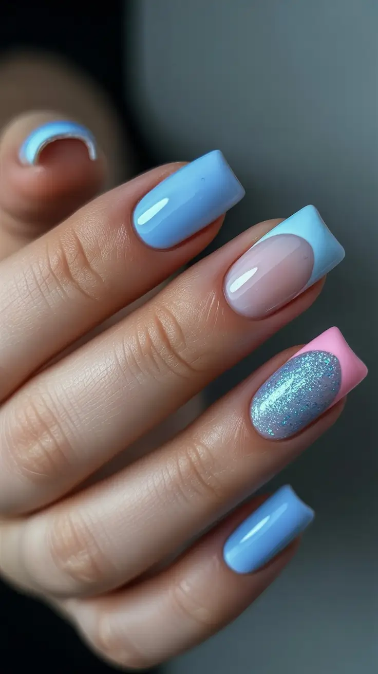 Fall glitter nails 2025 Pastel Blue and Cotton Candy French Remix
