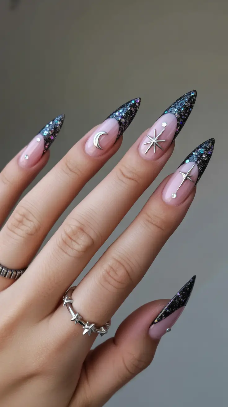 Fall glitter nails 2025 Celestial Noir with a Cosmic Twist