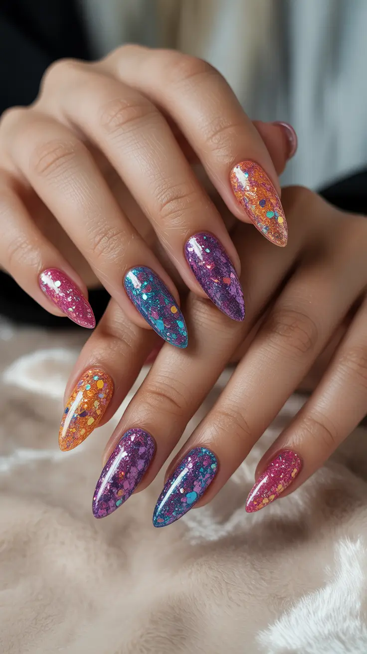 Fall glitter nails 2025 Rainbow Foil Explosion in Almond Perfection