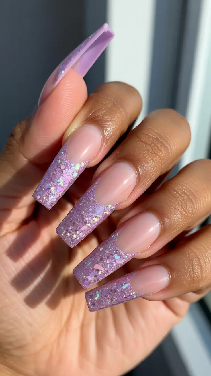 Fall glitter nails 2025 Lavender Dream French Tips with Iridescent Chunk Glitter