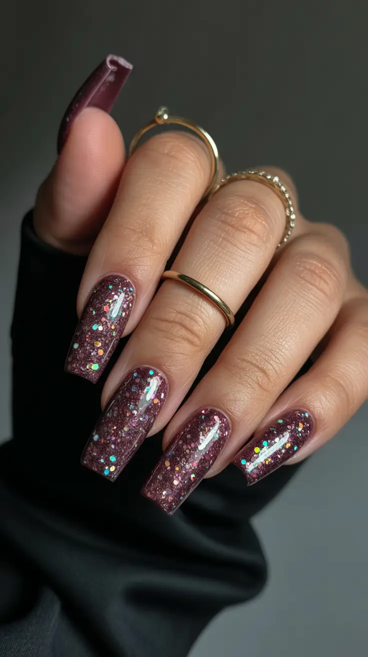 Fall glitter nails 2025 Merlot Sparkle in Modern Square
