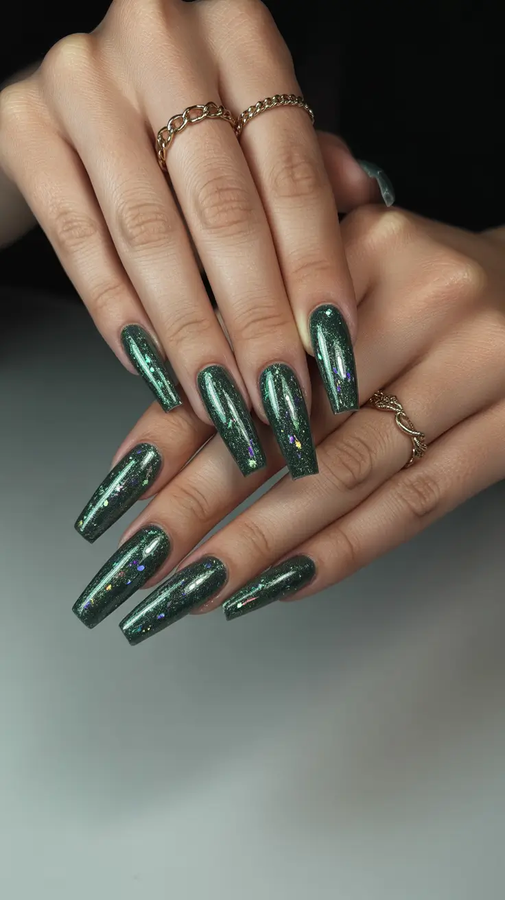 Fall glitter nails 2025 Evergreen Glitz in Luxe Coffin