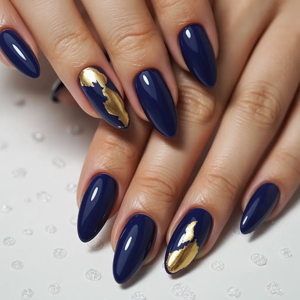 fall inspo nails ideas 2025 Midnight Blue with Golden Touch